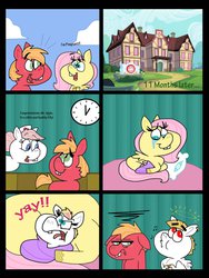 Size: 1024x1365 | Tagged: safe, artist:cookie-lovey, big macintosh, bulk biceps, fluttershy, nurse redheart, earth pony, pony, g4, baby, crying, floppy ears, foal, frown, glare, implied, infidelity, male, music notes, nervous, offspring, parent:bulk biceps, parent:fluttershy, parents:flutterbulk, prone, ship:fluttermac, shipping, smiling, stallion, straight, whistling