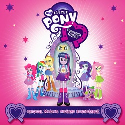Size: 1400x1400 | Tagged: safe, applejack, fluttershy, pinkie pie, rainbow dash, rarity, spike, sunset shimmer, twilight sparkle, dog, equestria girls, g4, my little pony equestria girls, official, album cover, big crown thingy, boots, clothes, cover, element of magic, high heel boots, jewelry, magic mirror, mane six, pleated skirt, regalia, shoes, skirt, soundtrack, spike the dog