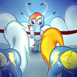 Size: 1080x1080 | Tagged: safe, artist:anti1mozg, misty fly, rainbow dash, spitfire, pegasus, pony, tabun art-battle, g4, :3, blushing, butt, derp, eyes on the prize, female, flank, hip, hooves, looking at butt, mare, plot, wings, wonderbolts, wonderbolts uniform