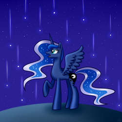 Size: 750x750 | Tagged: safe, artist:cupcookie, princess luna, g4, female, open mouth, pixiv, raised hoof, shooting star, solo