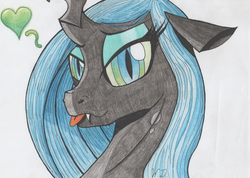 Size: 3400x2424 | Tagged: dead source, safe, artist:winterdominus, queen chrysalis, changeling, changeling queen, g4, fangs, female, floppy ears, heart, high res, looking at you, solo, tongue out, traditional art