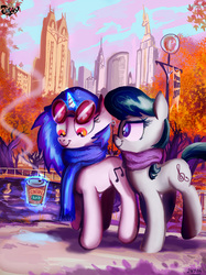 Size: 2480x3307 | Tagged: safe, artist:jowyb, dj pon-3, octavia melody, vinyl scratch, earth pony, pony, unicorn, g4, central park, clothes, female, high res, manehattan, mare, new york, scarf