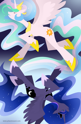 Size: 600x913 | Tagged: safe, artist:selanpike, princess celestia, princess luna, g4, duo, full body, profile, raised hoof, royal sisters, siblings, side view, sisters, spread wings, upside down, wings