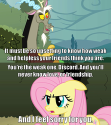 Size: 925x1040 | Tagged: safe, edit, edited screencap, screencap, discord, fluttershy, g4, the return of harmony, harry potter (series), harry potter and the order of the phoenix, hilarious in hindsight, image macro, meme, quote, reference, text
