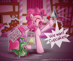 Size: 1800x1500 | Tagged: safe, artist:flutterthrash, artist:jcosneverexisted, gummy, pinkie pie, g4, cupcake, duo, sign, strike (protest)