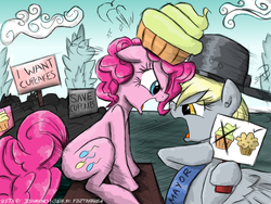 Size: 1100x825 | Tagged: safe, artist:flutterthrash, chancellor puddinghead, derpy hooves, pinkie pie, pegasus, pony, g4, argument, cupcake, cupcakes vs muffins, derpy hooves is not amused, duo, female, hat, mare, mayor, muffin, pan, pinkie pie is not amused, unamused