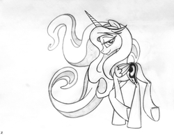 Size: 2242x1744 | Tagged: safe, artist:uminanimu, princess luna, lunadoodle, g4, bedroom eyes, butt, female, grayscale, looking at you, looking back, monochrome, palindrome get, plot, sketch, smiling, solo