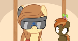 Size: 1024x546 | Tagged: safe, button mash, oc, oc:cream heart, earth pony, pony, g4, colt, duo, duo male and female, female, foal, hat, male, mare, mother and child, mother and son, oculus rift, propeller hat