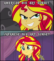 Size: 808x905 | Tagged: safe, edit, edited screencap, screencap, sunset shimmer, equestria girls, g4, my little pony equestria girls: rainbow rocks, american kirby is hardcore, comparison, evil, female, image macro, kirby (series), meme, reformed, smiling, tv tropes, when she smiles