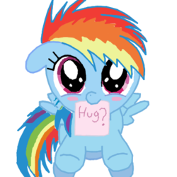 Size: 378x378 | Tagged: safe, artist:theflofic, rainbow dash, g4, blushing, bronybait, cute, dashabetes, female, filly, filly rainbow dash, floppy ears, hug, hug request, looking at you, mouth hold, note, simple background, smiling, solo, transparent background