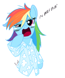 Size: 631x762 | Tagged: dead source, safe, artist:fiarel, rainbow dash, pony, semi-anthro, g4, bipedal, clothes, crying, cute, female, floppy ears, looking at you, mare, messy mane, morning ponies, open mouth, pajamas, shirt, signature, simple background, sleepy, solo, text, white background, wingless, yawn