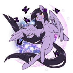 Size: 800x800 | Tagged: safe, artist:chocoberrylollipop, oc, oc only, oc:lavender moonbeam, butterfly, pegasus, pony, blushing, female, hair bow, long mane, long tail, simple background, solo, transparent background