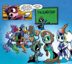 Size: 1062x945 | Tagged: safe, artist:ben bates, idw, fili-second, humdrum, masked matter-horn, mistress marevelous, radiance, saddle rager, zapp, earth pony, pegasus, pony, g4, spoiler:comic, spoiler:comicannual2014, bipedal, butt, chalkboard, colt, female, friendship, frown, gritted teeth, hoof hold, humdrum costume, learning, male, mare, masked matter-horn costume, plot, power ponies, school, sitting, sweat, trust fall, writing