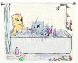 Size: 1045x845 | Tagged: safe, artist:trixsun, sunset shimmer, trixie, twilight sparkle, pony, g4, bath, bathtub, counterparts, goggles, magical trio, snorkel, twilight's counterparts