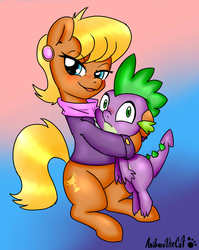 Size: 929x1168 | Tagged: safe, artist:anibaruthecat, ms. harshwhinny, spike, dragon, earth pony, pony, g4, blushing, cougar, cover, female, hug, looking at you, male, mare, ship:spikewhinny, straight
