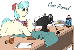 Size: 3280x2202 | Tagged: safe, artist:fatponysketches, coco pommel, earth pony, pony, g4, belly, coco pudge, coffee, collar, desk, fat, female, high res, mare, material, neck roll, necktie, obese, pencil, pizza, quill pen, rolls, sewing machine, soda