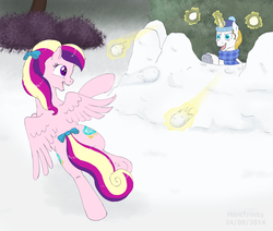 Size: 1800x1526 | Tagged: safe, artist:haretrinity, prince blueblood, princess cadance, g4, clothes, duo, glowing horn, hat, horn, scarf, snow, snowball, snowball fight