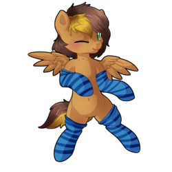 Size: 1280x1280 | Tagged: safe, artist:rue-willings, oc, oc only, oc:steel strings, pegasus, pony, bipedal, clothes, simple background, socks, solo, striped socks, transparent background, wink