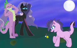 Size: 1280x800 | Tagged: safe, artist:flamingartist, nightmare rarity, spike, oc, dracony, firefly (insect), hybrid, insect, g4, family, female, interspecies offspring, male, nightmom rarity, offspring, parent:rarity, parent:spike, parents:sparity, playing, ship:nightmare sparity, shipping, straight, worried