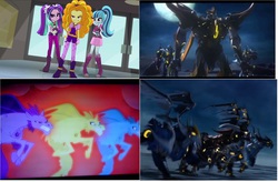 Size: 1598x1050 | Tagged: safe, adagio dazzle, aria blaze, sonata dusk, equestria girls, g4, my little pony equestria girls: rainbow rocks, beast hunters, comparison, darksteel, predacons, predacons rising, predaking, sky lynx, the dazzlings, transformation, transformers, transformers prime