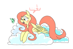 Size: 1152x768 | Tagged: safe, artist:thewafflesuniverse, fluttershy, butterfly, g4, cloud, female, solo