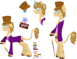 Size: 4384x3377 | Tagged: safe, artist:spitfire-sos, classical unicorn, bipedal, candy, chocolate, chocolate bar, cloven hooves, food, hilarious in hindsight, horn, leonine tail, ponified, reference sheet, roald dahl, unshorn fetlocks, willy wonka, willy wonka and the chocolate factory, wonka bar