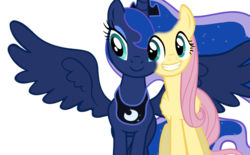 Size: 1600x993 | Tagged: artist needed, safe, fluttershy, princess luna, g4, conjoined, eyeball conjoinment, female, fusion, grin, i dont even, lesbian, ship:lunashy, shipping, simple background, stuck, wat, we have become one, what has science done