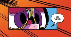 Size: 624x325 | Tagged: safe, idw, masked matter-horn, g4, my little pony annual 2014, spoiler:comic, comic, cropped, dialogue, fudge, goggles, masked matter-horn costume, oh fudge, speech bubble