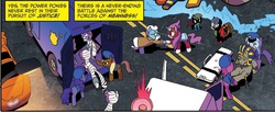 Size: 1253x518 | Tagged: safe, idw, humdrum, masked matter-horn, mistress marevelous, pharaoh phetlock, earth pony, pegasus, pony, unicorn, g4, my little pony annual 2014, spoiler:comic, batman, car, comic, commissioner gordon, cropped, dc comics, humdrum costume, lasso, masked matter-horn costume, mummy, police car, police pony, power ponies, unnamed character, unnamed pony