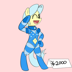 Size: 1000x1000 | Tagged: safe, artist:khorme, oc, oc only, oc:ultramare, earth pony, pony, action figure, belly button, bipedal, bodysuit, cute, doll, japanese yen, navel cutout, open mouth, price tag, salute, smiling, solo, wink, yen