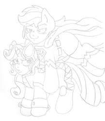 Size: 1584x1825 | Tagged: safe, artist:blackbewhite2k7, applejack, rarity, g4, app-el, arrested, catwoman, crossover, cuffs, flying, monochrome, pouting, sketch, superman, wip