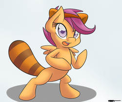 Size: 2700x2250 | Tagged: safe, artist:wiggabuysomeapples, scootaloo, pony, raccoon, g4, bipedal, crossover, female, high res, solo, super mario bros., super mario bros. 3