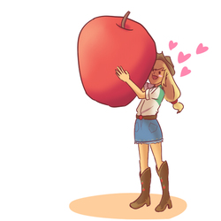 Size: 600x600 | Tagged: safe, artist:misochikin, applejack, equestria girls, g4, apple, appletini, carrying, cute, female, giant produce, happy, heart, hug, jackabetes, pixiv, solo, that pony sure does love apples
