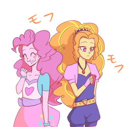 Size: 700x700 | Tagged: safe, artist:misochikin, adagio dazzle, pinkie pie, equestria girls, g4, my little pony equestria girls: rainbow rocks, eating, messy eating, phone, pixiv, smartphone