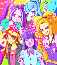 Size: 700x800 | Tagged: safe, artist:misochikin, adagio dazzle, aria blaze, sonata dusk, sunset shimmer, twilight sparkle, equestria girls, g4, my little pony equestria girls: rainbow rocks, japanese, pixiv