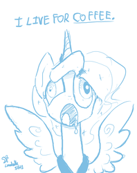 Size: 1280x1616 | Tagged: safe, artist:darkflame75, princess luna, lunadoodle, g4, coffee, derp, dialogue, drool, female, lineart, luna found the coffee, majestic as fuck, mismatched eyes, monochrome, sketch, solo, wingboner