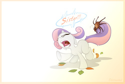 Size: 1000x675 | Tagged: safe, artist:sherwoodwhisper, sweetie belle, pony, spider, unicorn, g4, arachnophobia, eyes closed, female, filly, implied rarity, leaves, scared, screaming, solo