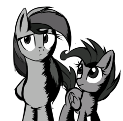 Size: 877x863 | Tagged: safe, artist:supermare, rainbow dash, scootaloo, g4, monochrome