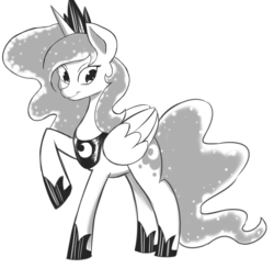 Size: 894x873 | Tagged: safe, artist:fauxsquared, princess luna, g4, female, looking at you, monochrome, raised hoof, sketch, smiling, solo