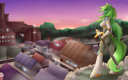 Size: 5000x3125 | Tagged: safe, artist:mleonheart, oc, oc only, oc:green bean, pegasus, anthro, unguligrade anthro, armor, ass, butt, clothes, green hair, solo, sword, town