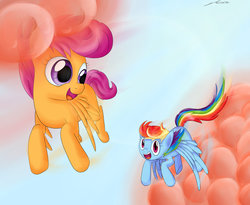 Size: 1600x1315 | Tagged: safe, artist:artoftheghostie, rainbow dash, scootaloo, g4, flying, scootaloo can fly, scootalove