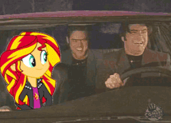 Size: 294x210 | Tagged: safe, artist:mohawgo, sunset shimmer, equestria girls, g4, my little pony equestria girls: rainbow rocks, animated, bopping shimmer, female, headbob, irl, jim carrey, male, meme, night at the roxbury, photo, what is love, will ferrell