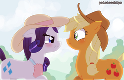 Size: 1120x720 | Tagged: safe, artist:potatoochips, applejack, rarity, pony, g4, simple ways, :t, apron, blushing, clothes, eye contact, floppy ears, hat, nose wrinkle, rhinestone rarihick, scene interpretation, scowl, scrunchy face