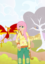 Size: 620x877 | Tagged: safe, artist:czarine-the-restless, fluttershy, philomena, bird, human, phoenix, squirrel, g4, clothes, humanized, sweater, sweatershy