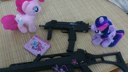 Size: 960x540 | Tagged: safe, pinkie pie, rainbow dash, twilight sparkle, g4, 4de, airsoft, g36, gun, irl, mp7, my little arsenal, patch, photo, plushie