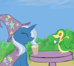 Size: 600x531 | Tagged: safe, artist:enma-darei, trixie, pony, snivy, unicorn, g4, crossover, cup, female, mare, oat smoothie, pokémon, smoothie, straw