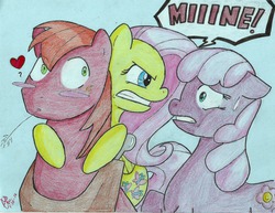 Size: 1134x877 | Tagged: safe, artist:noretreat--nosurrender, big macintosh, cheerilee, fluttershy, earth pony, pony, g4, assertive, eye contact, female, floppy ears, frown, glare, gritted teeth, heart, hug, love triangle, male, mare, question mark, ship:cheerimac, ship:fluttermac, shipping, stallion, straight, sweatdrop, wide eyes