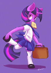 Size: 700x1000 | Tagged: safe, artist:sion, twilight sparkle, anthro, g4, anime, bread, clothes, female, food, mouth hold, school uniform, schoolgirl, schoolgirl toast, simple background, solo, toast