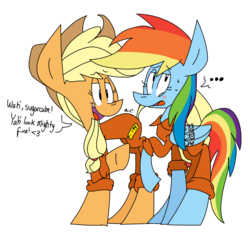 Size: 1024x952 | Tagged: safe, artist:dizzee-toaster, applejack, rainbow dash, earth pony, pegasus, pony, g4, bound wings, chains, clothes, embarrassed, female, lesbian, prison outfit, prisoner, prisoner aj, prisoner rd, ship:appledash, shipping, text