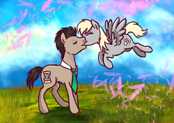 Size: 842x600 | Tagged: safe, artist:ladydekaro, derpy hooves, doctor whooves, time turner, pegasus, pony, g4, female, kissing, male, mare, ship:doctorderpy, shipping, straight